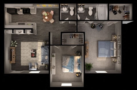Floor plan for 2 beds, 1 bath, 835 sqft